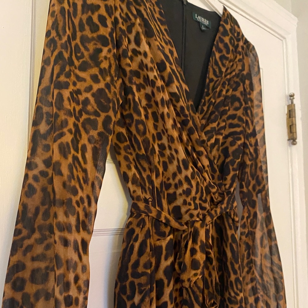 Ralph Lauren cheetah print, wrap; tie waist midi dress